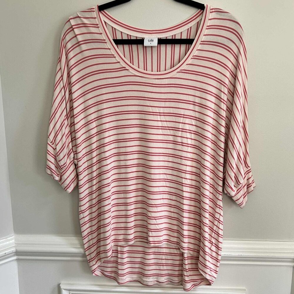 CAbi 5750 Tickled Oversized Tee, Dolman Sleeves, Pink Stripe, Casual Top, Small